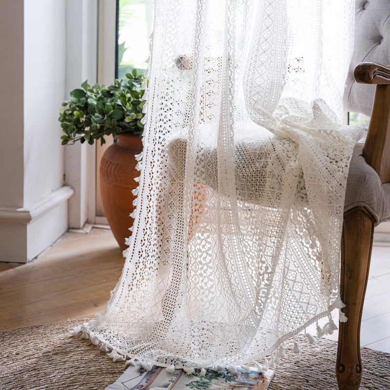 WAZZIO Off White Lace Curtains 72 Inches Long 2 Panel,Rod Pocket Victorian Privacy Sheer Curtain Tassel Bohemian Cotton Crochet Boho Short Curtains for Bedroom Living Room Kitchen - Image 1