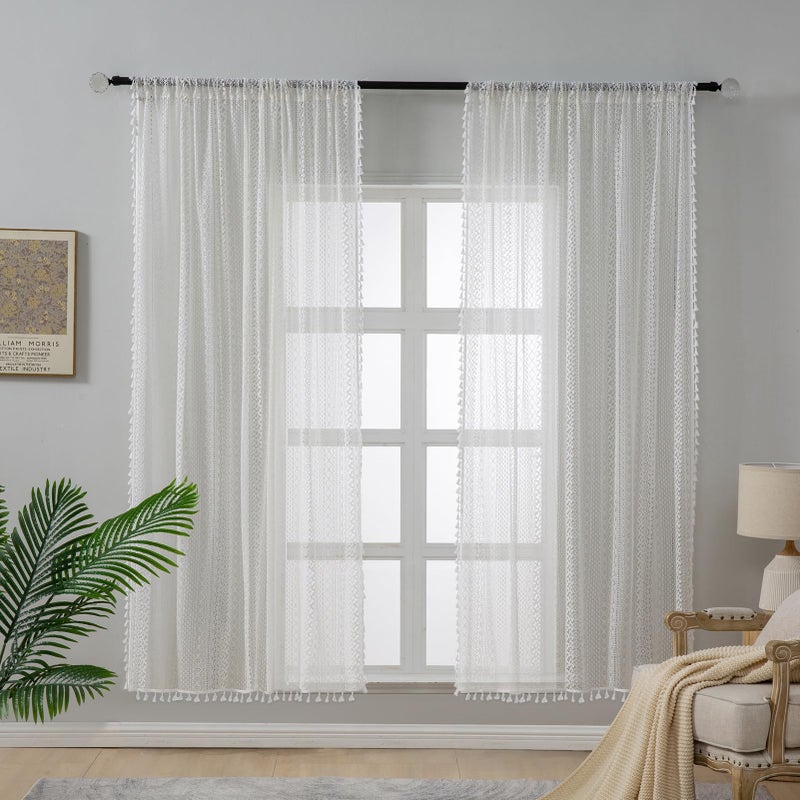 WAZZIO Off White Lace Curtains 72 Inches Long 2 Panel,Rod Pocket Victorian Privacy Sheer Curtain Tassel Bohemian Cotton Crochet Boho Short Curtains for Bedroom Living Room Kitchen - Image 2
