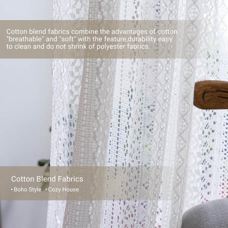 WAZZIO Off White Lace Curtains 72 Inches Long 2 Panel,Rod Pocket Victorian Privacy Sheer Curtain Tassel Bohemian Cotton Crochet Boho Short Curtains for Bedroom Living Room Kitchen - Image 4