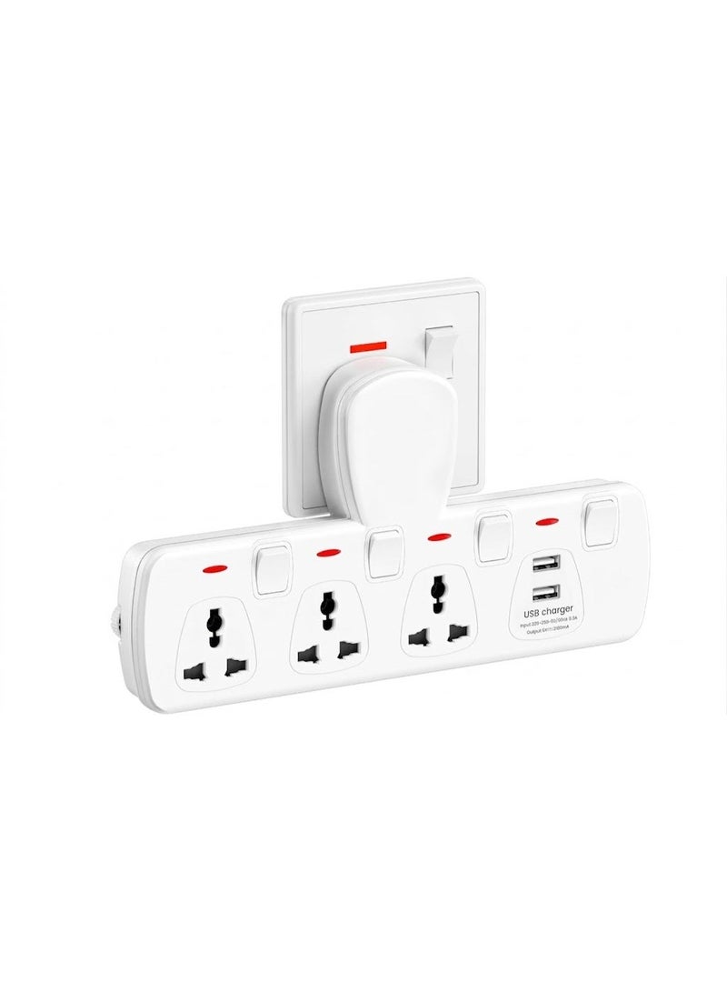 Lencent Multi Plug Extension Socket with USB Ports, 3 Way Wall Outlet Extender with 2 USB Charging Ports, Universal Plug Adapter Charging Station with Individual Switches for Home, Office & Kitchen - Image 1