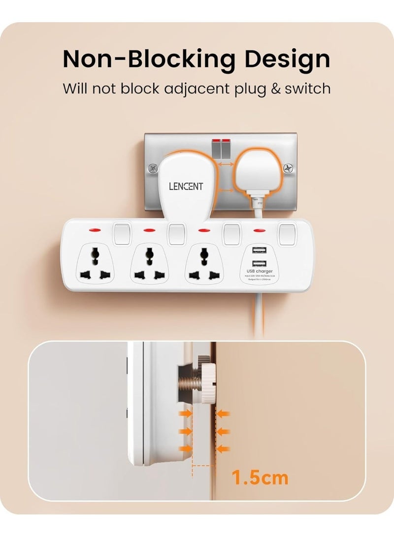 Lencent Multi Plug Extension Socket with USB Ports, 3 Way Wall Outlet Extender with 2 USB Charging Ports, Universal Plug Adapter Charging Station with Individual Switches for Home, Office & Kitchen - Image 2
