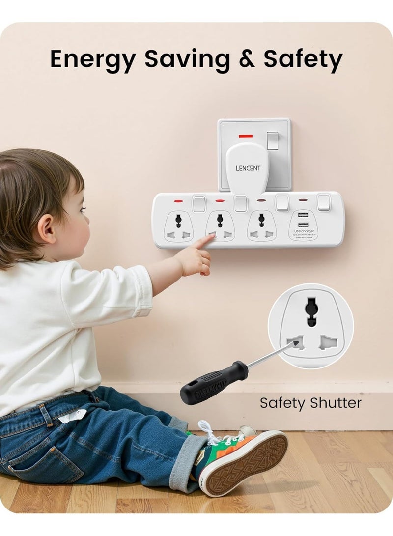 Lencent Multi Plug Extension Socket with USB Ports, 3 Way Wall Outlet Extender with 2 USB Charging Ports, Universal Plug Adapter Charging Station with Individual Switches for Home, Office & Kitchen - Image 3