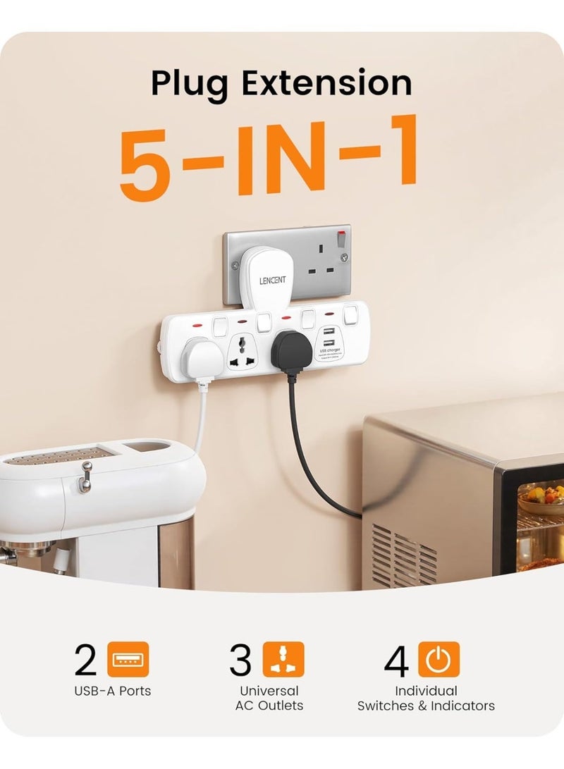 Lencent Multi Plug Extension Socket with USB Ports, 3 Way Wall Outlet Extender with 2 USB Charging Ports, Universal Plug Adapter Charging Station with Individual Switches for Home, Office & Kitchen - Image 5