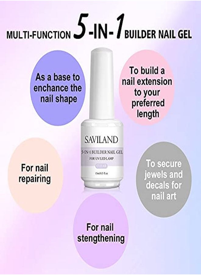 Saviland 5 In 1 Clear Builder Base Gels - 15Ml Quick Building Nail Strengthener Gel, Uv/Led Nail Polish Gel For Broken Nails Repair Nails Extension Nail Decoration, Professional Nail Repair Supplies  - Image 2