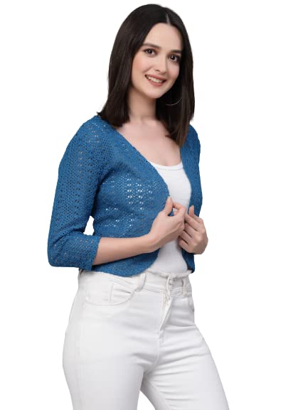 Style Quotient Women self Design Blue Open Front Crop Shrug - Image 1
