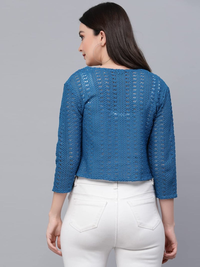 Style Quotient Women self Design Blue Open Front Crop Shrug - Image 5