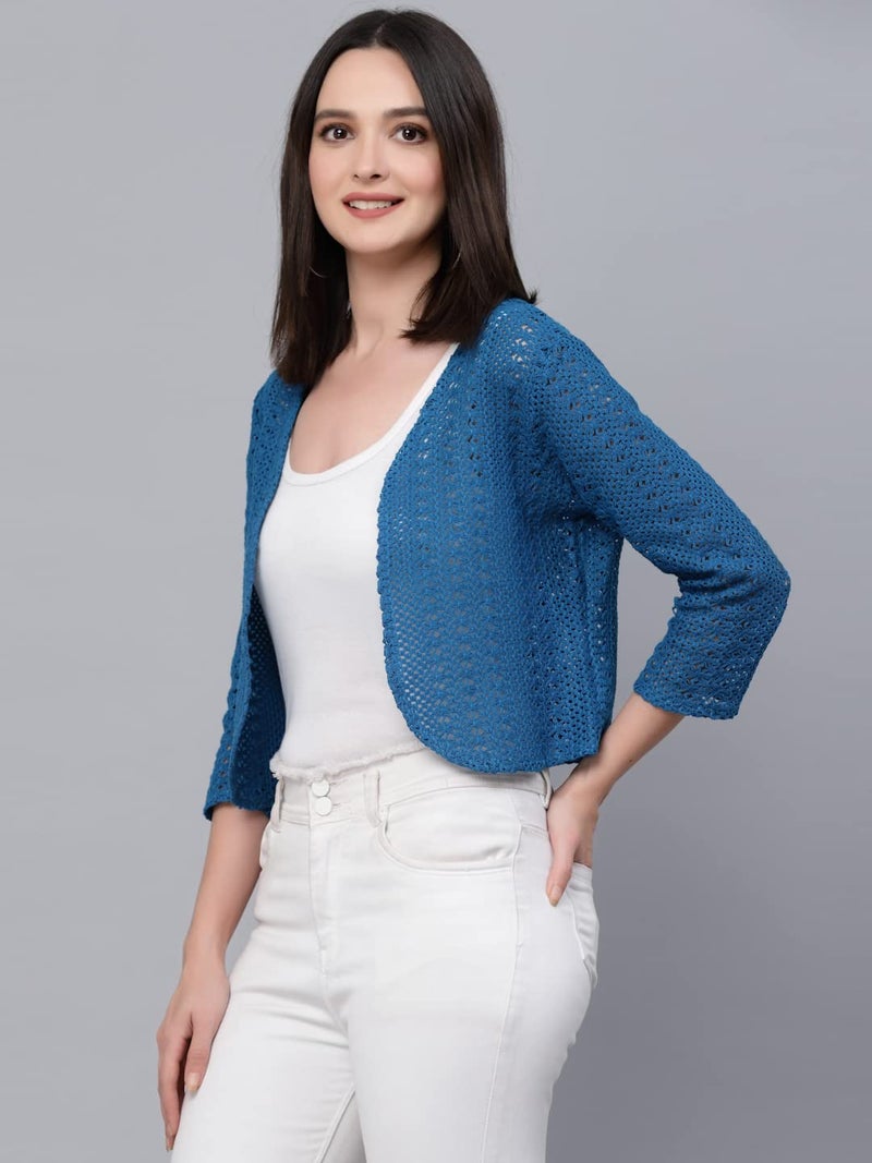 Style Quotient Women self Design Blue Open Front Crop Shrug - Image 4