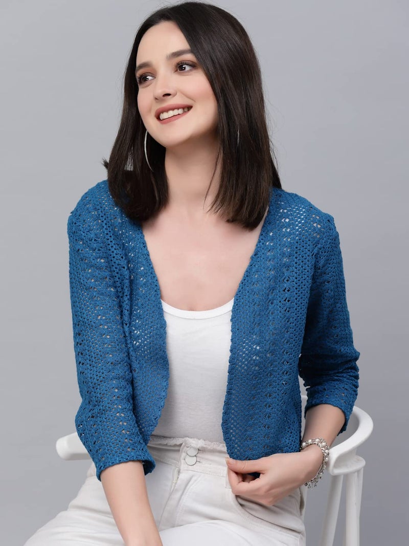 Style Quotient Women self Design Blue Open Front Crop Shrug - Image 2