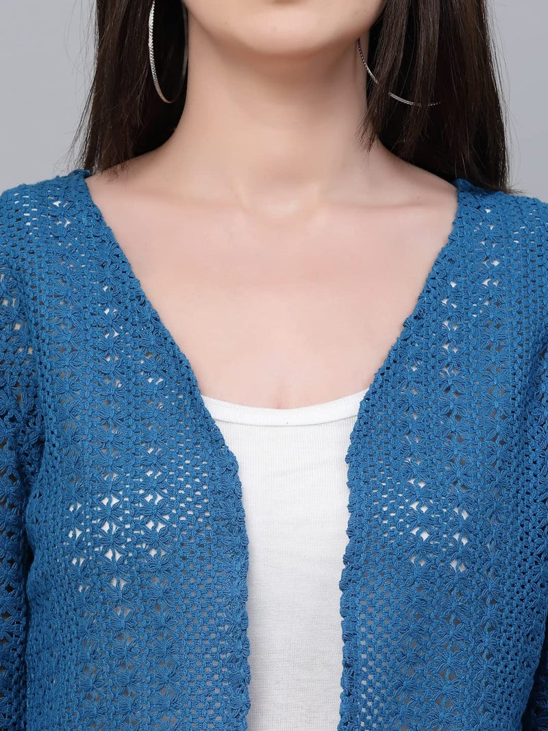 Style Quotient Women self Design Blue Open Front Crop Shrug - Image 3
