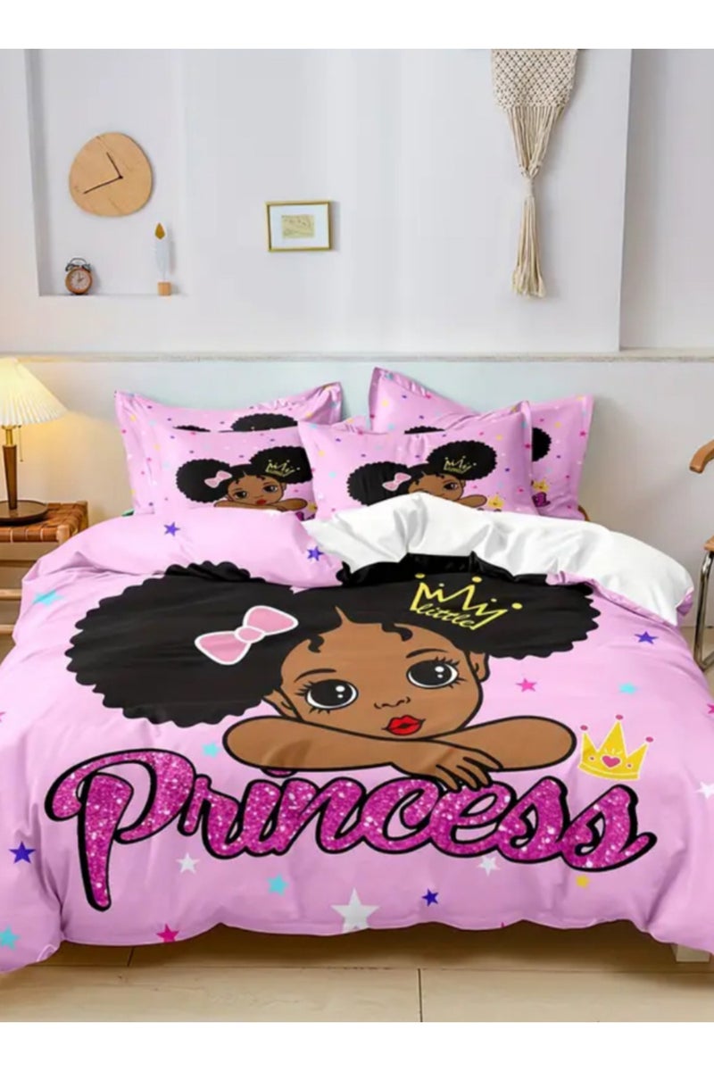LUNA Home Single Size 4 Pieces: 1 Duvet cover - (160*210cm); 1 Fitted sheet (100*200+30cm); 2 Pillow cases - (50*75cm), In A Lovely Pink Color Featuring A Princess Design. - Image 1