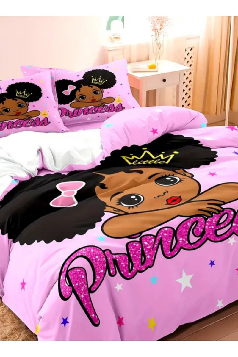LUNA Home Single Size 4 Pieces: 1 Duvet cover - (160*210cm); 1 Fitted sheet (100*200+30cm); 2 Pillow cases - (50*75cm), In A Lovely Pink Color Featuring A Princess Design. - Image 3