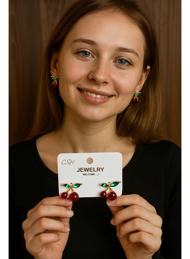 Vbranda Cherry earrings with red beads and green leaf details. - Image 2