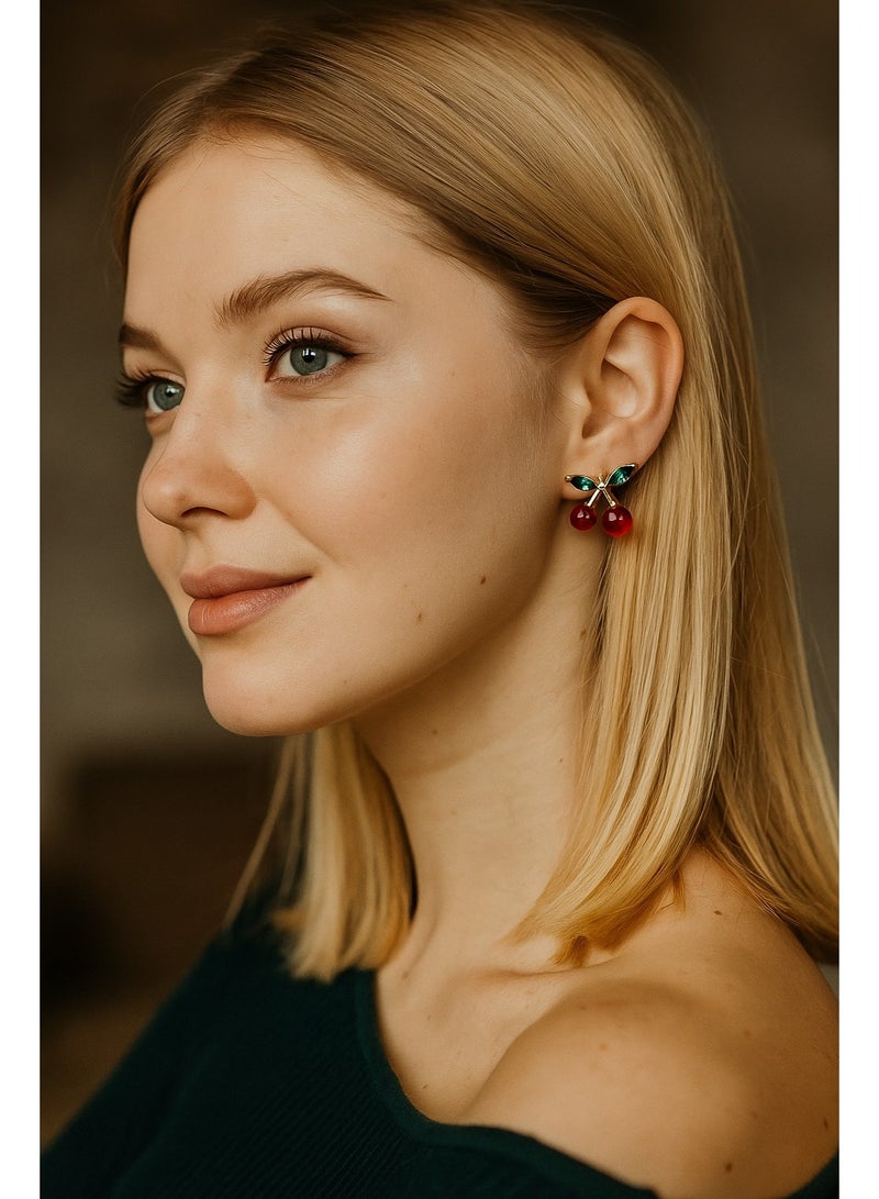 Vbranda Cherry earrings with red beads and green leaf details. - Image 1