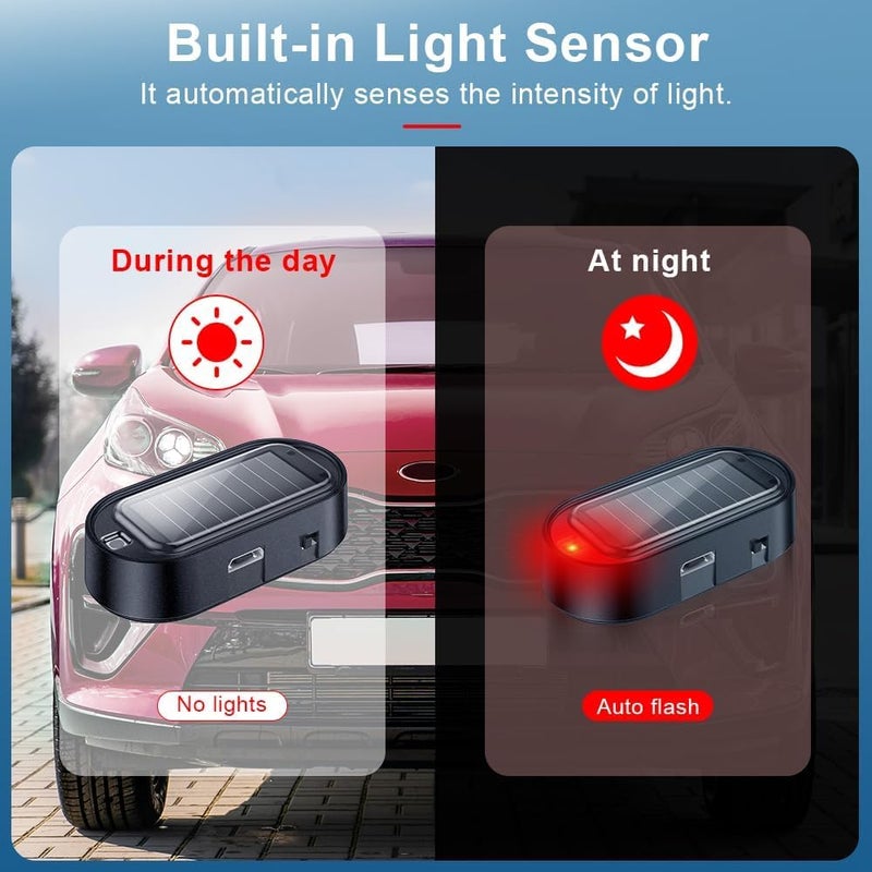 2PCS Car Solar Power Dummy Alarm, Anti-Theft LED Flashing Security Light with USB Charging Port, Automotive Warning and Safety Light, SUV, Truck, Red, Solar-Powered Car Security Accessory - Image 3
