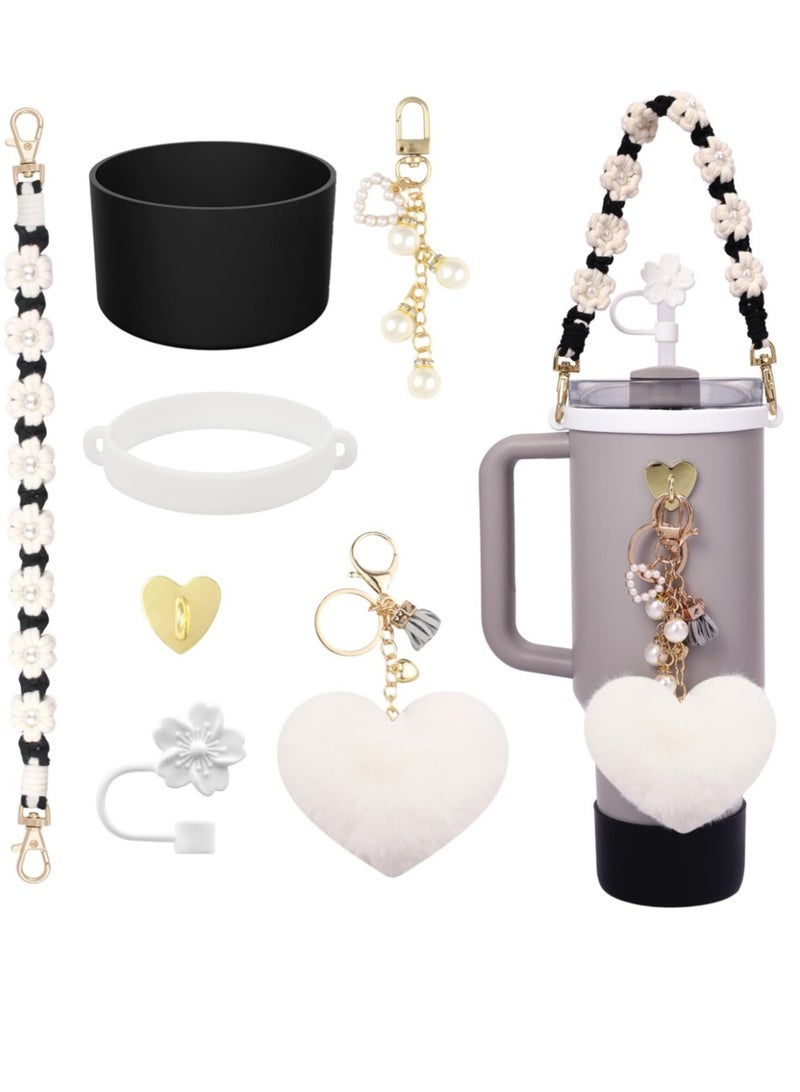 7 Pcs Water Bottle Accessories Set for Stanley Cup 30oz & 40oz Tumblers Includes Handle Strap, Silicone Boot, Straw Cover Cap, and Pearl Keychain Charms - Image 1