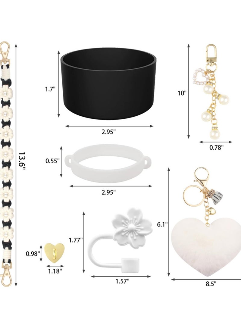 7 Pcs Water Bottle Accessories Set for Stanley Cup 30oz & 40oz Tumblers Includes Handle Strap, Silicone Boot, Straw Cover Cap, and Pearl Keychain Charms - Image 3