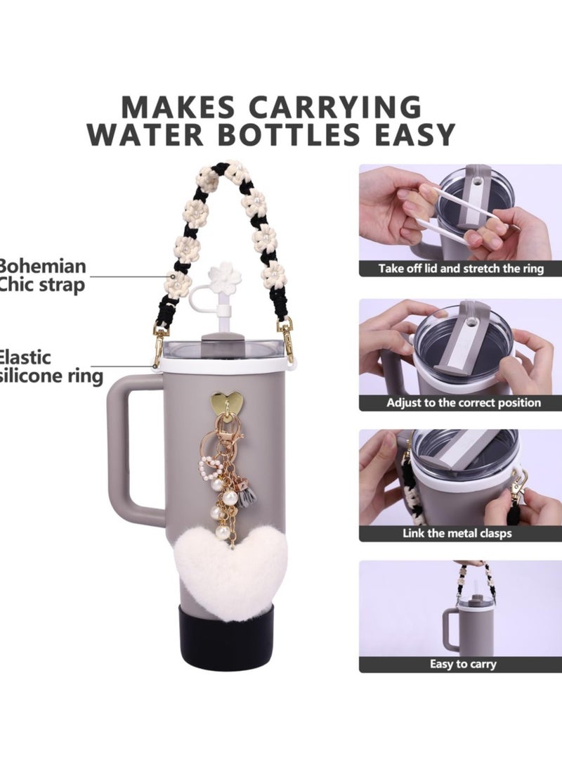 7 Pcs Water Bottle Accessories Set for Stanley Cup 30oz & 40oz Tumblers Includes Handle Strap, Silicone Boot, Straw Cover Cap, and Pearl Keychain Charms - Image 2