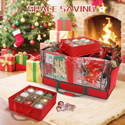 HKQ Large 2-in-1 Christmas Ornament Storage Box & Xmas Figurine Container,4 Separate Trays Keep 64-3"/ 36-4" Holiday Ornaments,Adjustable Extent Area for Figurines and Pockets for Decoration - Image 3