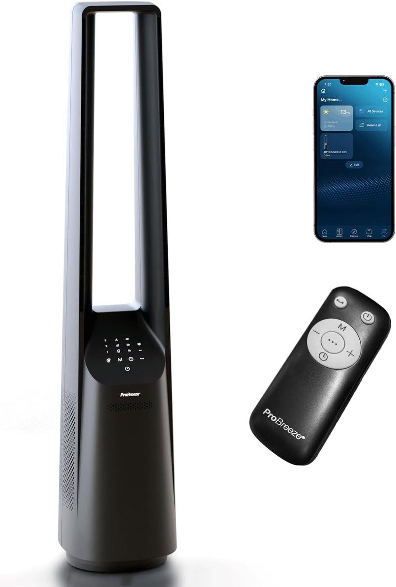 Pro Breeze 40" Smart Bladeless Tower Fan with DC Motor - WiFi - Ultra-Quiet with Remote Control, LED Display, 6 Fan Speeds, 5 Operation Modes, 60° Oscillation - Black - Image 1