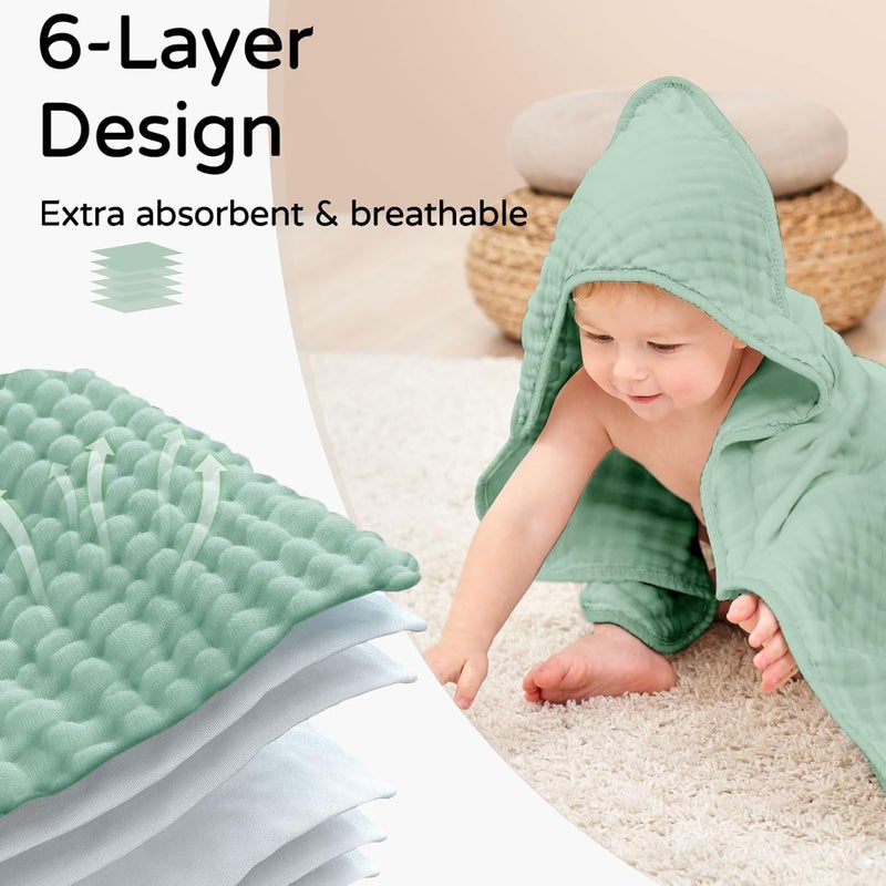 YOOFOSS Hooded Baby Towels for Newborn 2 Pack 100% Muslin Organic Cotton Baby Bath Towel with Hood for Babies, Infant, Toddler and Kids, 32x32Inch, Soft and Absorbent Newborn Essential, Gradient Green - Image 3