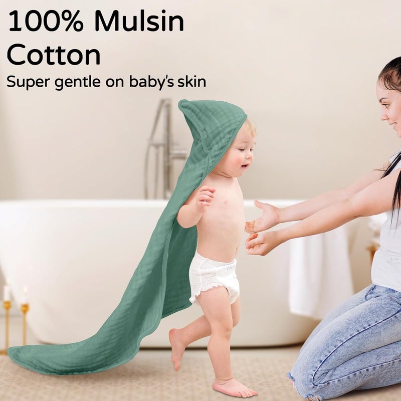 YOOFOSS Hooded Baby Towels for Newborn 2 Pack 100% Muslin Organic Cotton Baby Bath Towel with Hood for Babies, Infant, Toddler and Kids, 32x32Inch, Soft and Absorbent Newborn Essential, Gradient Green - Image 2