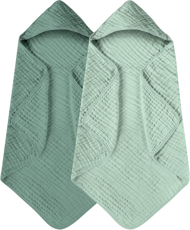 YOOFOSS Hooded Baby Towels for Newborn 2 Pack 100% Muslin Organic Cotton Baby Bath Towel with Hood for Babies, Infant, Toddler and Kids, 32x32Inch, Soft and Absorbent Newborn Essential, Gradient Green - Image 1