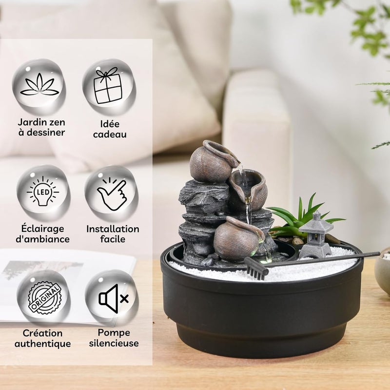 Zen Light Garden Indoor Fountain, Waterfall Jar Fountain, Colorful LED Relaxing Atmosphere Decoration, Garden White Sand, Closed Circuit Table Fountain, H21 cm - Oasis - Image 3