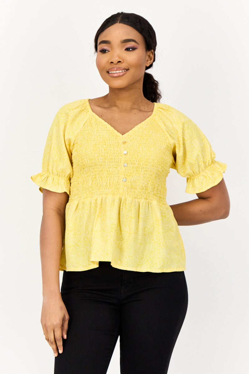 ONLY Women V-Neck Short Sleeves Shirred Blouse, Yellow  - Image 1