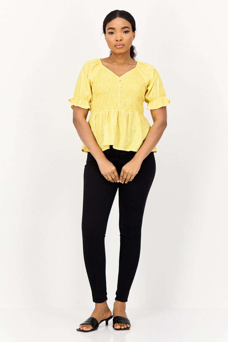 ONLY Women V-Neck Short Sleeves Shirred Blouse, Yellow  - Image 3