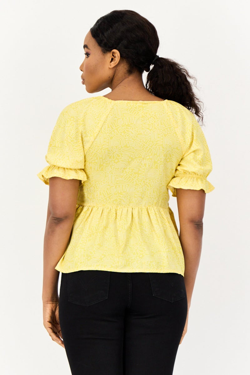 ONLY Women V-Neck Short Sleeves Shirred Blouse, Yellow  - Image 2