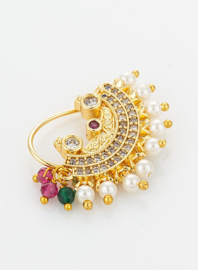 BEVOGUE Crescent Maharashtrian Nathani | Brass Gold Plated Nosepin with Pearls & Stones | Ethnic Clip-On Jewelry | Trendy Artificial Nath | Ideal Gift Choice (NAT4136) - Image 5