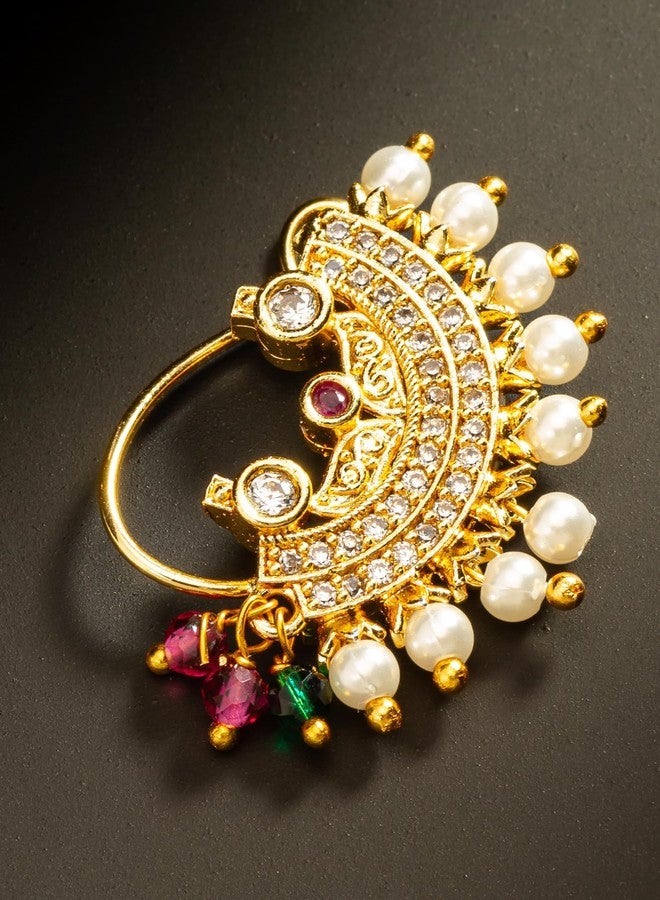 BEVOGUE Crescent Maharashtrian Nathani | Brass Gold Plated Nosepin with Pearls & Stones | Ethnic Clip-On Jewelry | Trendy Artificial Nath | Ideal Gift Choice (NAT4136) - Image 3