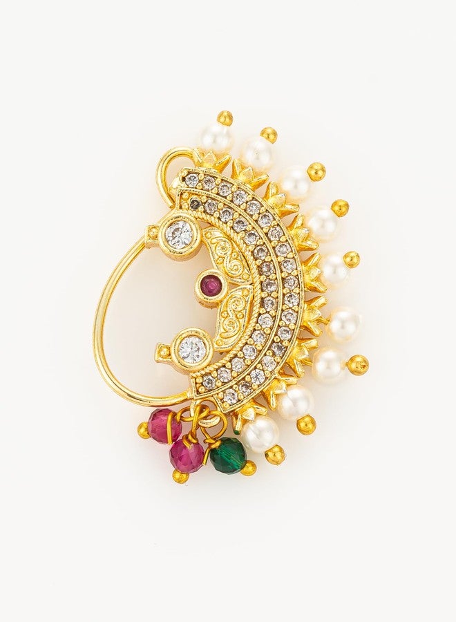 BEVOGUE Crescent Maharashtrian Nathani | Brass Gold Plated Nosepin with Pearls & Stones | Ethnic Clip-On Jewelry | Trendy Artificial Nath | Ideal Gift Choice (NAT4136) - Image 4