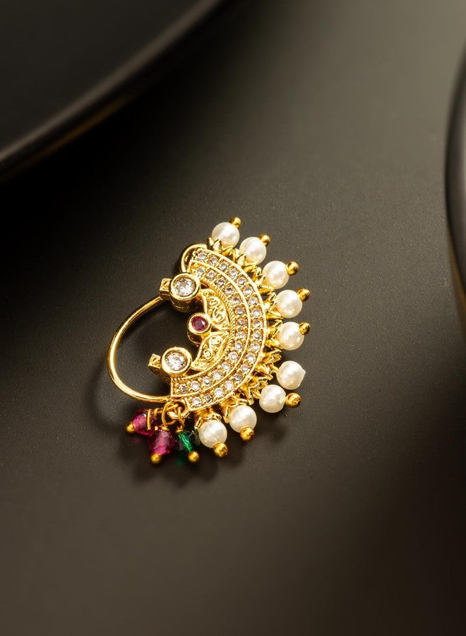 BEVOGUE Crescent Maharashtrian Nathani | Brass Gold Plated Nosepin with Pearls & Stones | Ethnic Clip-On Jewelry | Trendy Artificial Nath | Ideal Gift Choice (NAT4136) - Image 2