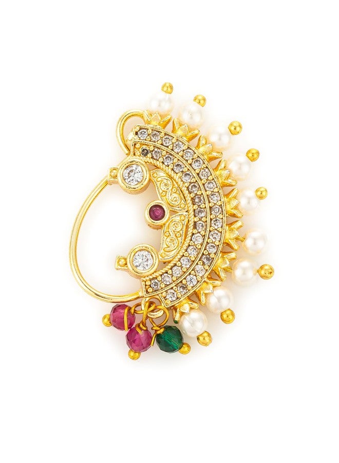 BEVOGUE Crescent Maharashtrian Nathani | Brass Gold Plated Nosepin with Pearls & Stones | Ethnic Clip-On Jewelry | Trendy Artificial Nath | Ideal Gift Choice (NAT4136) - Image 1