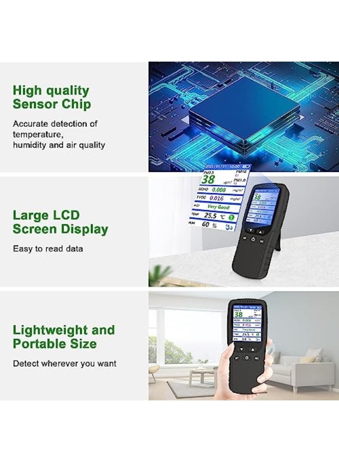 Air quality monitor, formaldehyde detector, temperature and humidity meter, pollution tester, sensor; PM2.5/PM10/PM1.0 micron dust detection, indoor TVOC volatile organic compound gas tester; e-book - Image 2