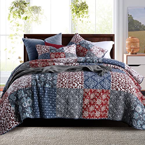Secgo King Size Comforter Set 100 Cotton Quilt King Size Set Burgundy bedspreads 96  108 Inch with 2 Pillow Shams Patchwork Reversible Lightweight Bedding