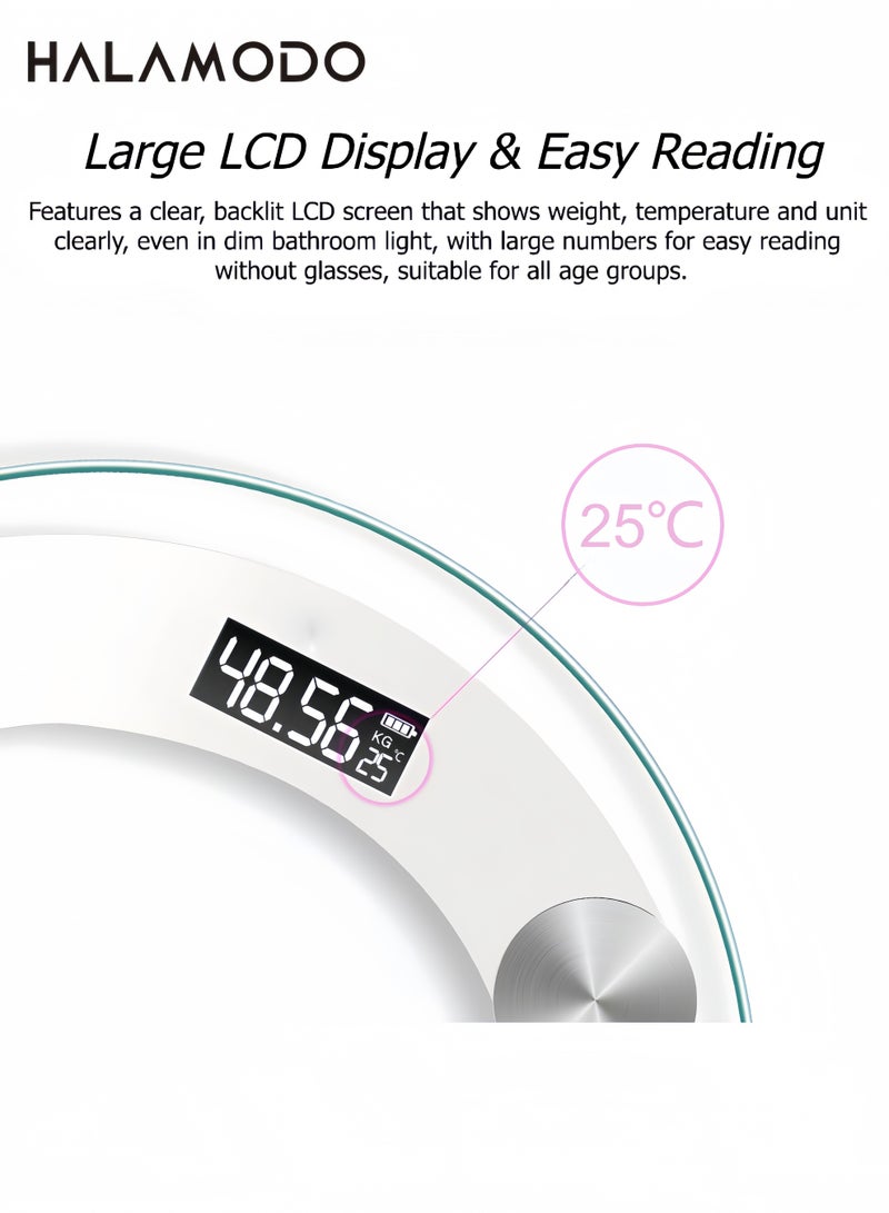 Halamodo Digital Body Weight Scale, Round Glass Bathroom Scale with LCD Display, High Precision Electronic Weighing Scale for Home Use, Max 180kg, Auto On/Off, Slim Design for Bathroom, Bedroom, Gym, Accurate Body Weight Measurement Tool for Adults - Image 4
