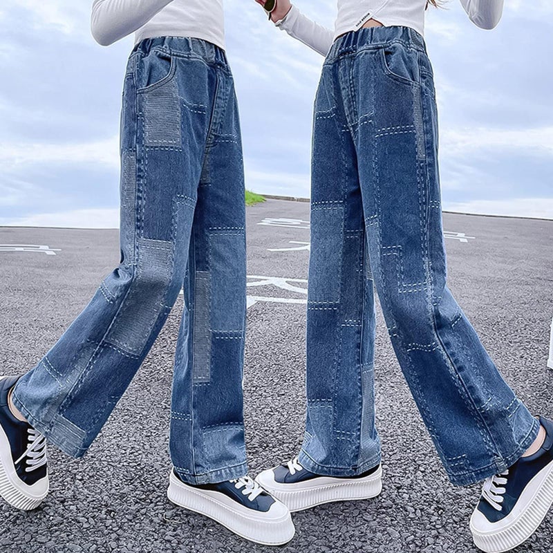 Rolanko Girls Baggy Jeans Elastic Wide Leg Stretch Denim Pants Loose Kids Clothes (Blue Patchw, 6-7,Big Kid) - Image 2
