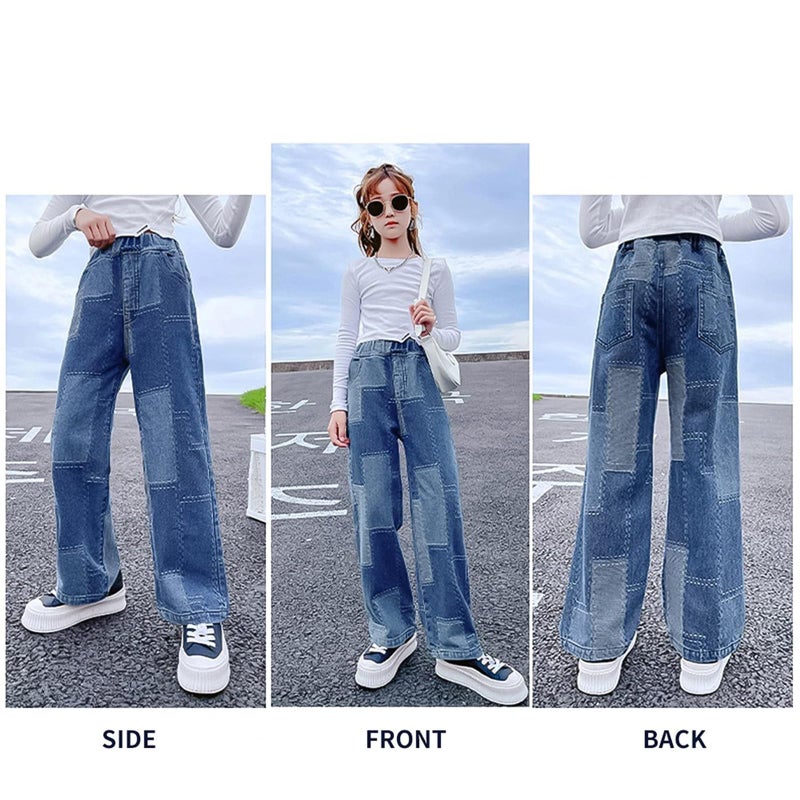Rolanko Girls Baggy Jeans Elastic Wide Leg Stretch Denim Pants Loose Kids Clothes (Blue Patchw, 6-7,Big Kid) - Image 4