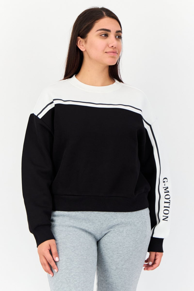 GIORDANO Women Round Neck G-Motion Long Sleeves Sweatshirt, Black/White  - Image 1