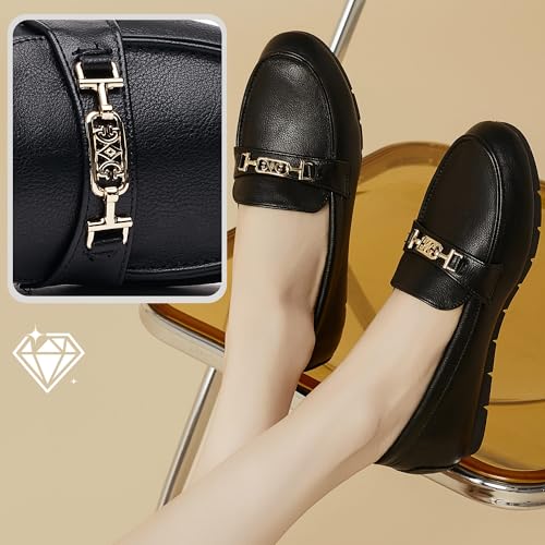 DeYashopin Women's Loafer Shoes Leisure Slip On Work Shoes Comfort Walking Flats Black Leather 6 Wide - Image 4