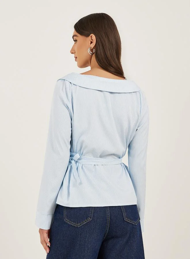 Styli Striped Notch Lapel Wrap Top with Tie Detail
