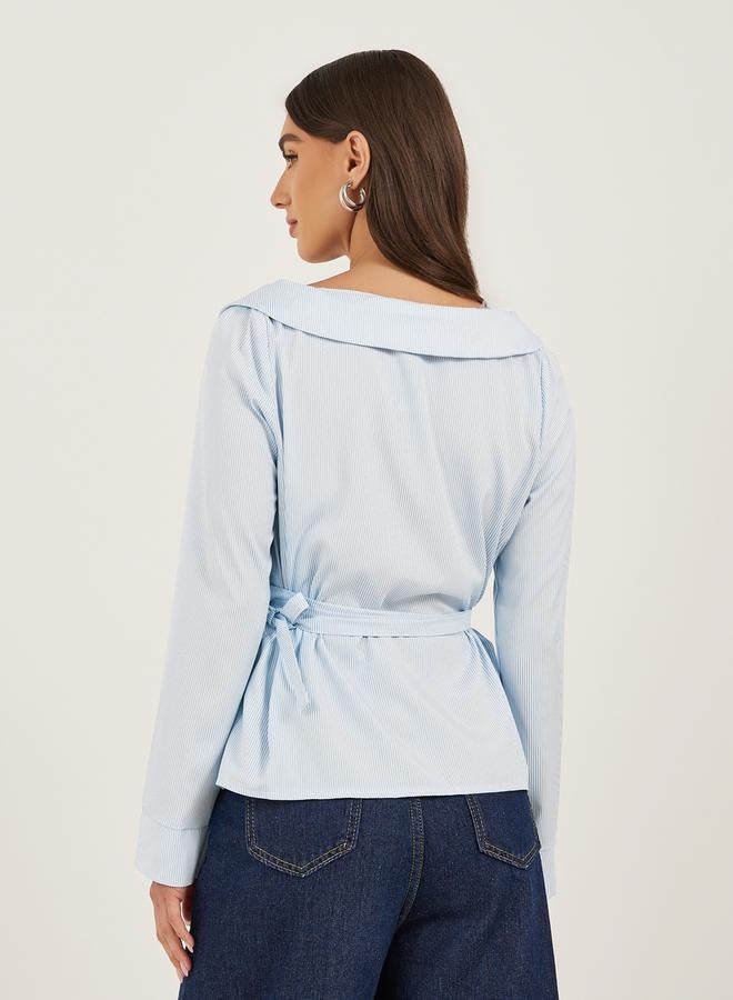 Styli Striped Notch Lapel Wrap Top with Tie Detail - Image 4