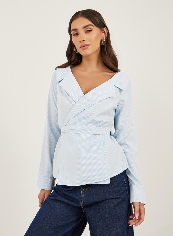 Styli Striped Notch Lapel Wrap Top with Tie Detail - Image 1