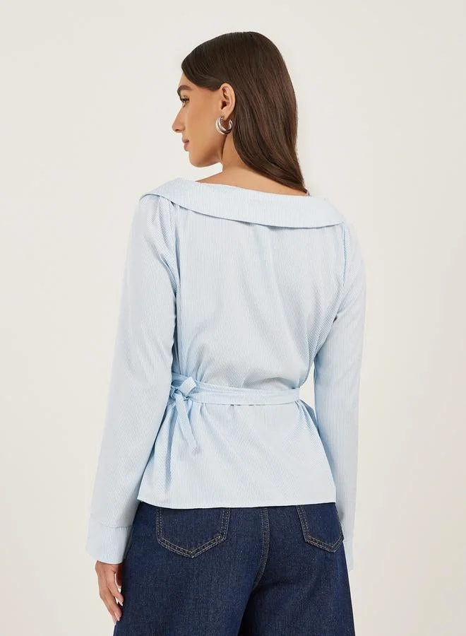Styli  Striped Notch Lapel Wrap Top with Tie Detail for Women | Best Price UAE