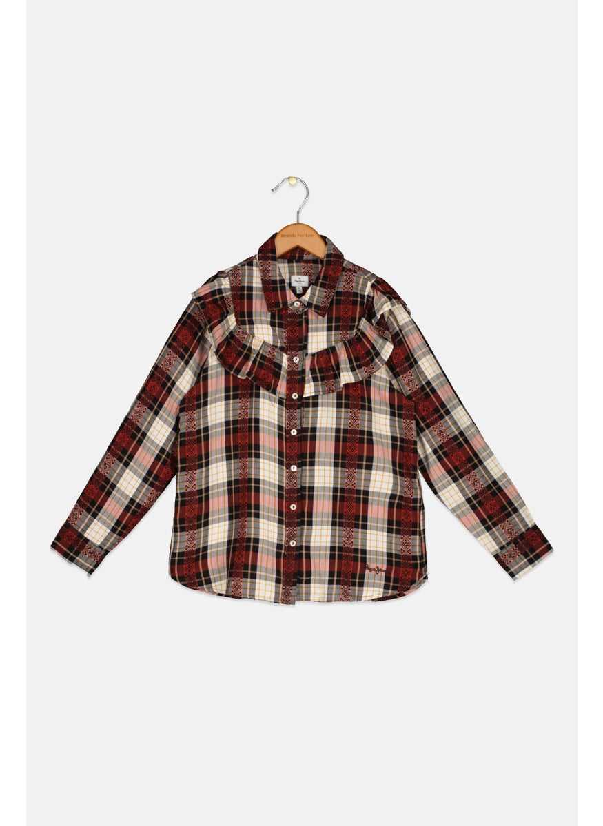 Pepe Jeans Kids Girl Plaid Long Sleeves Blouse, Maroon  - Image 1