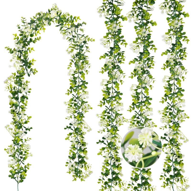 HIAGROW 6FT Eucalyptus Garland with Flowers, 4 Pack Artificial Greenery Garland Hanging Faux Eucalyptus Garland Suitable for Table Wedding Backdrop Arch Wall Party UV Protected Indoor Outdoor Decor - Image 1