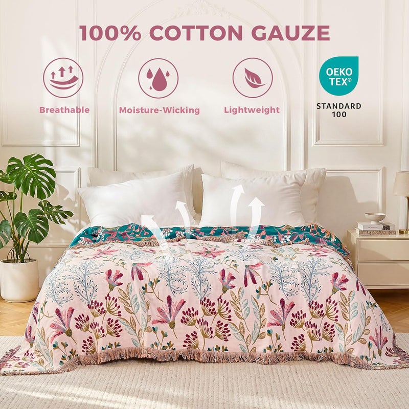 LUTBM Boho Throw Blanket for Bed Cotton Blankets Twin Size for Bedroom Living Room All Season Lightweight Floral Embroidery Quilt for Couch Sofa Chair 60"x80" - Image 2