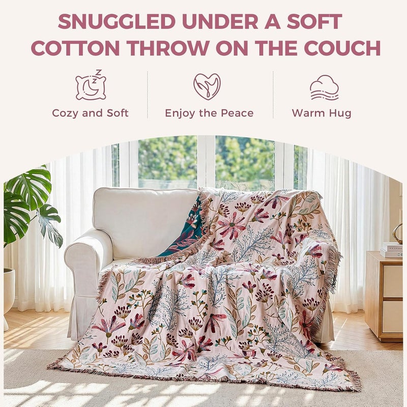 LUTBM Boho Throw Blanket for Bed Cotton Blankets Twin Size for Bedroom Living Room All Season Lightweight Floral Embroidery Quilt for Couch Sofa Chair 60"x80" - Image 4